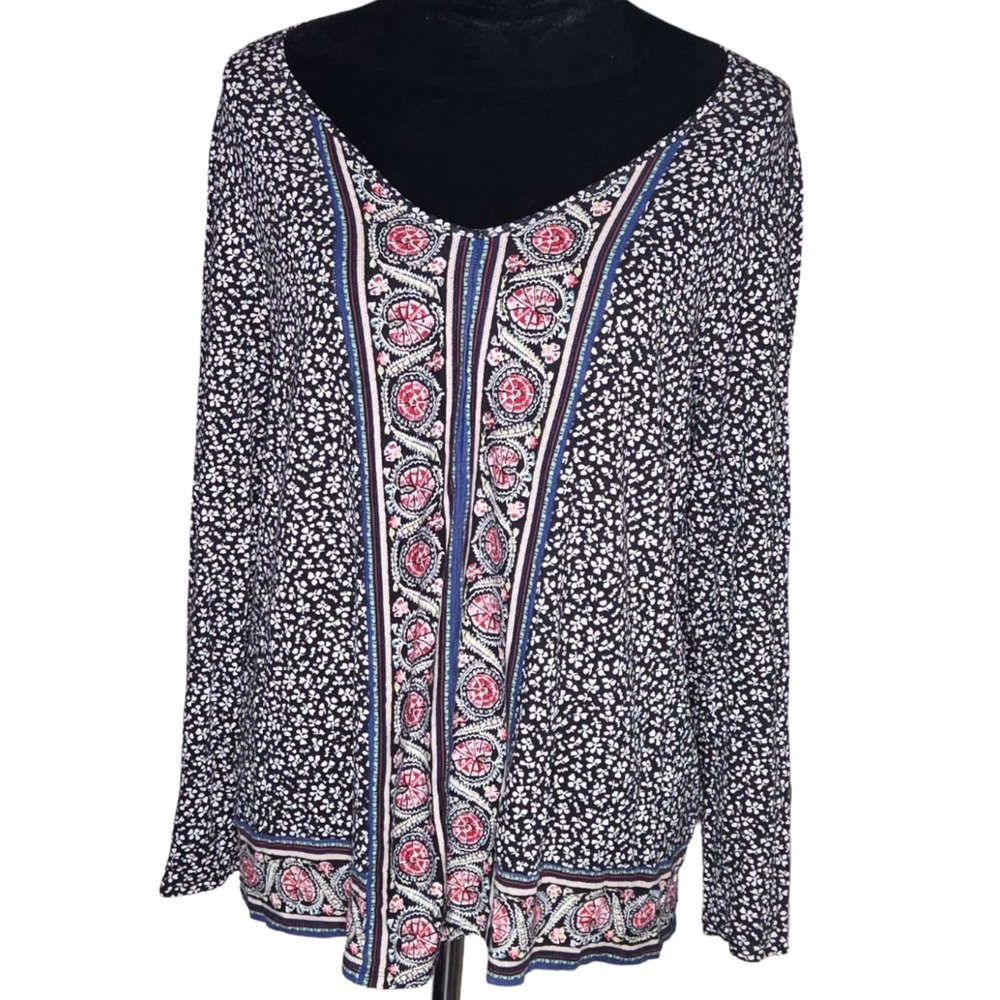 J. Jill XL Black Floral Boho Blouse V Neck 3/4 Sleeve Printed Top Womens